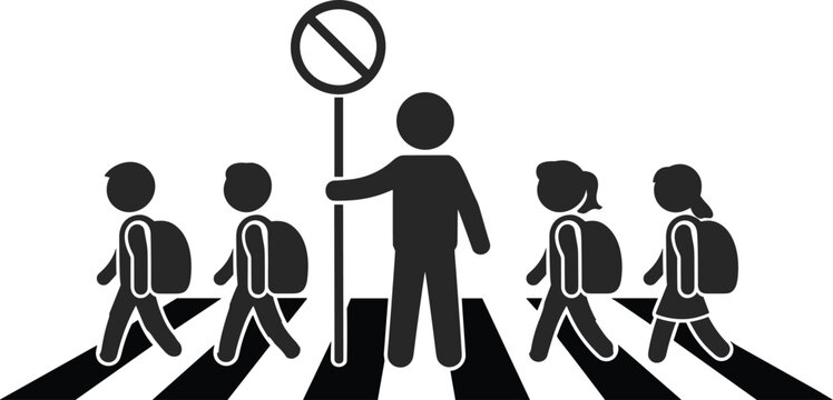 Vector illustration of children with backpacks crossing street guided by crossing guard holding stop sign, pedestrian safety design sketch, school traffic education concept