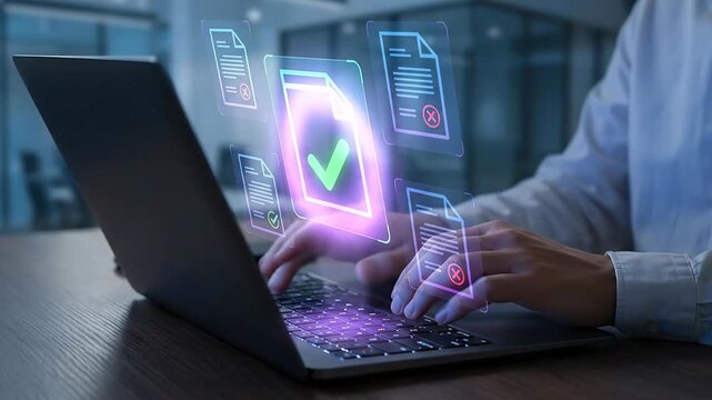 Person typing on a laptop with holographic documents floating above the keyboard digital workflow and online document management in a modern office setting with cool lighting and blurred background