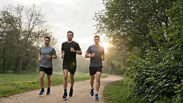Three men running together on a dirt path in a park during sunrise with soft golden light filtering through green trees and trees with bare branches in the background