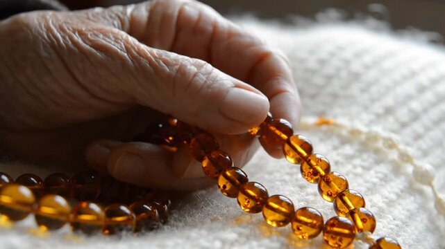 Hand holding amber prayer beads on white cloth.