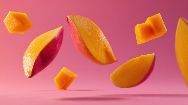 Levitation of fresh mango slices and cubes against a vibrant pink background.