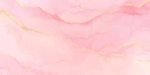 Fototapeta premium Elegant pink alcohol ink background with luxury gold veins, soft rose marble texture shimmering gold metallic veins, creating a premium marble-like texture for wedding invites and branding.