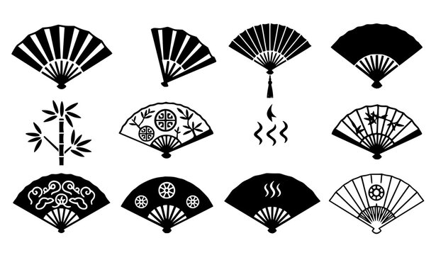 Solid Glyph Hand Fan Icon Vector Set with Folding Fans, Hot Symbol, and Oriental Decorative Designs