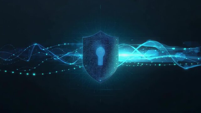 Digital shield with glowing keyhole and flowing data wave conveying secure network cybersecurity