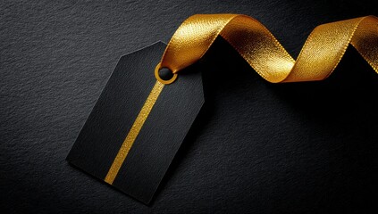 Black blank gift tag with gold silk ribbon on dark textured background