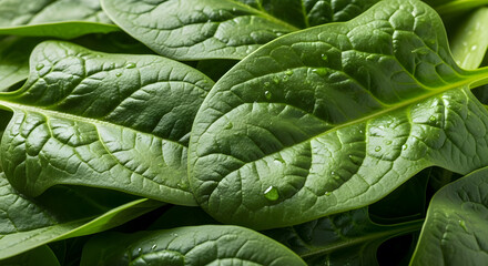 Fototapeta premium Close up shot of organic green spinach leaves covered in small water droplets