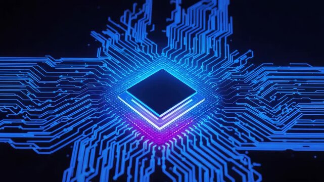 Neon blue microchip glowing circuit traces radiating outward motherboard pattern with semiconductor