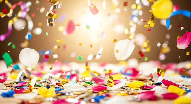 Colorful Confetti and Balloons Celebrating Festive Occasion.