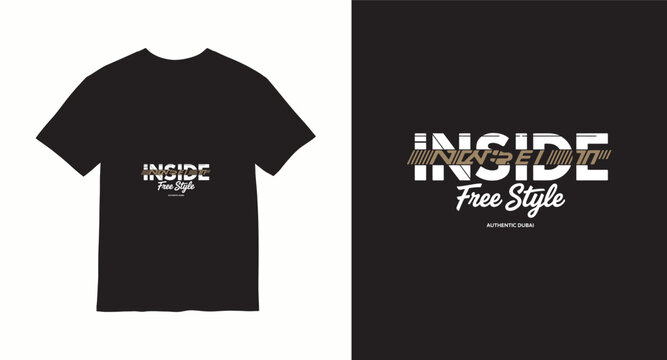 Inside free style typography t-shirt design with futuristic overlapping text for modern streetwear