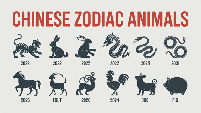 Vector illustration of Chinese Zodiac animals in a modern graphic design