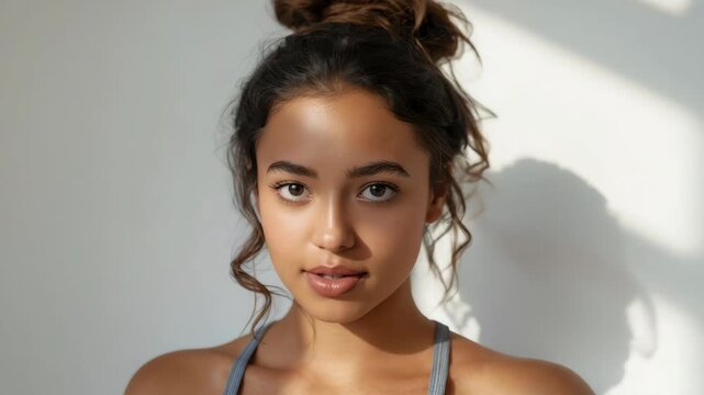 Radiant young woman with updo bun and brown hair, sunlit portrait with closed eyes smiling softly