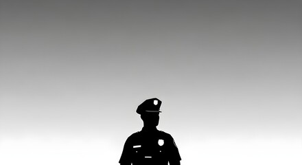 Obraz premium Police Officer Silhouette with Uniform and Hat on Grayscale Background