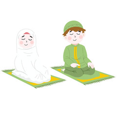 Islamic Children Prayer Illustration. Muslim Kids Practicing Salah on Mats for Religious Education & Cultural Content.