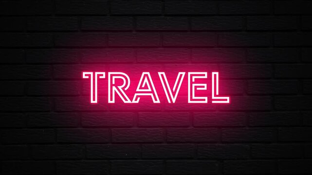 Pink Neon Travel text animation. Glowing travel looping motion. flicker text 4k video.