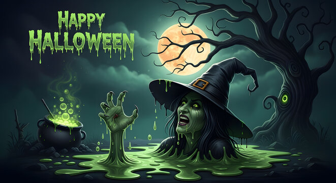 A spooky green witch emerging from a bubbling cauldron of slime under a full moon