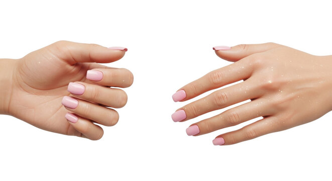 Two female hands with light pink manicured nails reaching towards each other on a white background