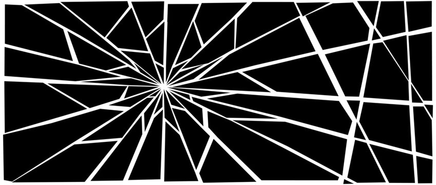 Black broken texture. Damaged shattered glass effect background. Radial cracked lines explosion pattern. Fractured triangle fragments, pieces and shatters concept. Vector grunge debris illustration 