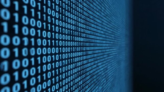 A perspective view of binary code on a dark blue background. Numbers appear in rows and columns