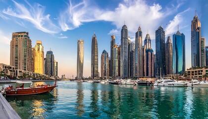 Obraz premium A serene coastal cityscape with boats and high-rise buildings