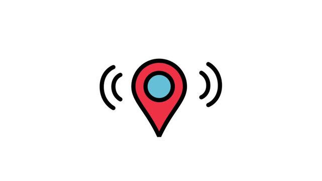 Location Pin Motion Icon. Animated red location pin icon with signal waves for GPS navigation, mapping, and place discovery.