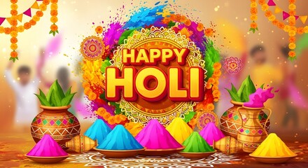 Vibrant holi celebration with colorful powders and decorations