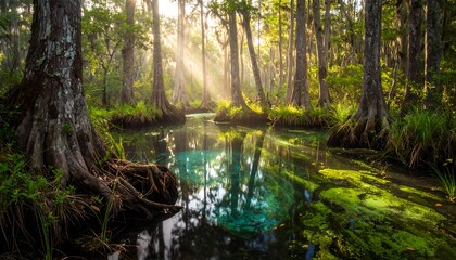 Obraz premium A serene forest pond with vibrant green algae and sunlight filtering through trees