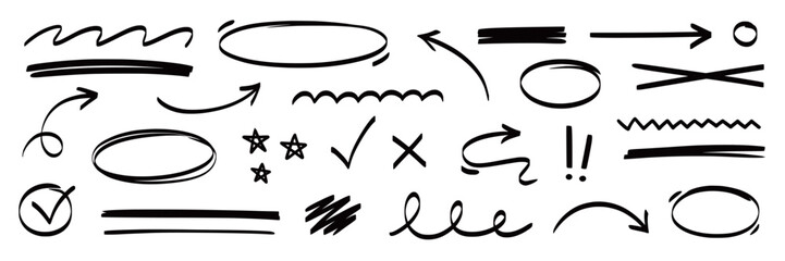 Arrow, highlight marker stroke set. Marker pen line hand drawn brush stroke sketch circle, underline, arrow. Doodle check, cross, highlight scribble round icon sign texture. Vector illustration © Polina Tomtosova