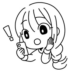 スマホを見て驚く女性の線画イラスト