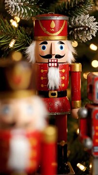 Festive nutcracker and robot toys with glowing Christmas lights