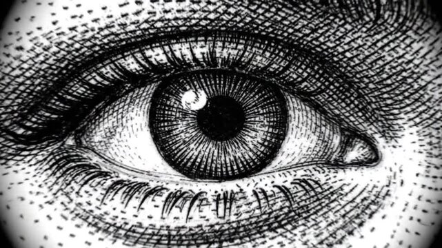 Detailed black and white illustration of a human eye with shading.