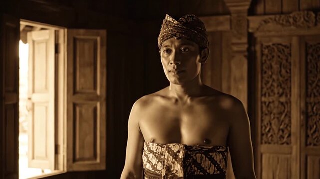 Traditional Balinese man standing in a wooden room with an open window.