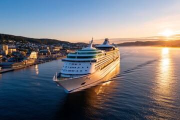 Tropical Cruise Ship Departing from Port at Dawn with Scenic City View in Background