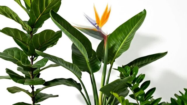 A vibrant bird of paradise flower among lush green leaves.