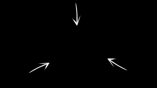 Hand drawn sketch arrows pointing inward on black background with subtle wiggle animation, perfect focus indicator overlay for video editing, callout, and attention highlight effects.
