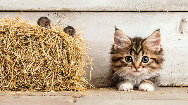 Playful barn cat observes mice near stack of hay, showcasing curiosity and sense of adventure in rustic setting