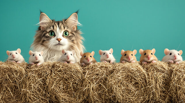 Barn cat observes line of curious mice sitting on haystack, creating playful and intriguing scene