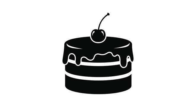 A minimalist black and white illustration depicts a single layer cake topped with a bright red cherry