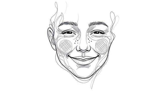 A stylized, black and white portrait of a smiling face with exaggerated facial features, resembling a caricature or a sketch. The artwork is minimalist, 