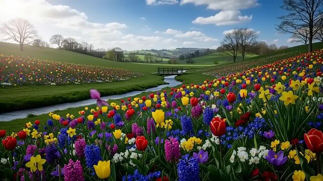 colorful flowers field with stream and bridge