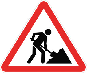 Road work warning sign with construction worker digging, triangular hazard symbol, traffic safety alert, infrastructure maintenance notice, caution symbol for drivers, vector illustration isolated