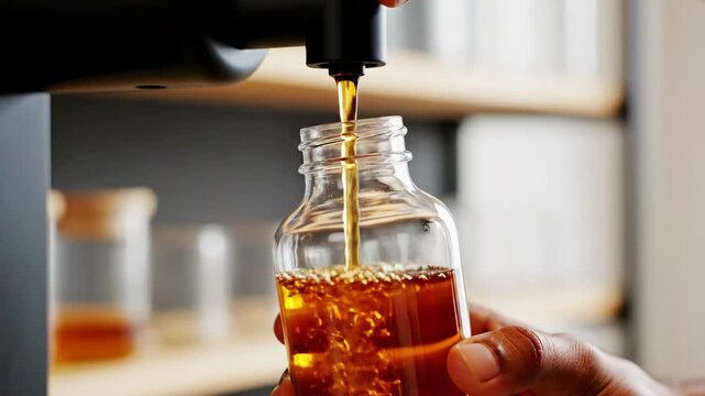Golden syrup pour from glass bottle honey dispenser, sweet amber liquid beverage stream, closeup hand refill in kitchen countertop scene, golden flowing organic food ingredient eco lifestyle
