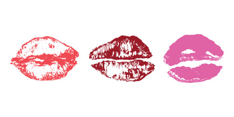 Set of lipstick kiss print Different shapes and colors imprint of lips Red pink female sexy lips makeup Design elements for beauty fashion poster Valentines Day wedding