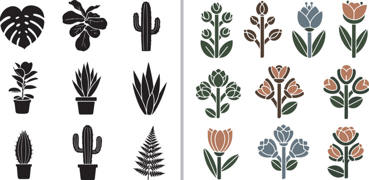 A collection of botanical vector icons featuring black silhouettes of potted cacti, monstera, and ferns, alongside stylized floral illustrations in muted earth tones.