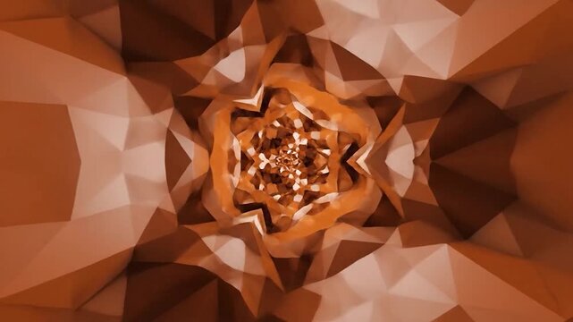 Abstract geometric polygonal tunnel with a swirling brown and orange pattern