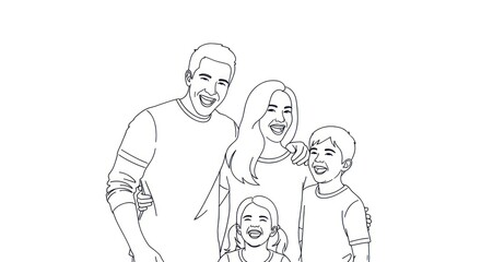 Obraz premium A family of four, drawn in a simple line art style, standing together and smiling. The background is plain and white, emphasizing the subjects.