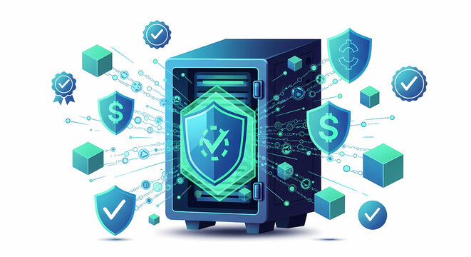 Secure server rack with digital protection shields, financial symbols, and data cubes representing robust cybersecurity and asset safeguarding.