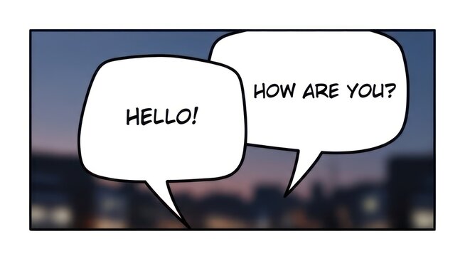 A comic-style speech bubble conversation between two characters with a cityscape background.