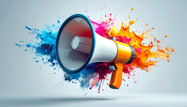 Colorful announcement concept with loudspeaker and abstract paint splashes, ideal for advertising and social media campaigns.