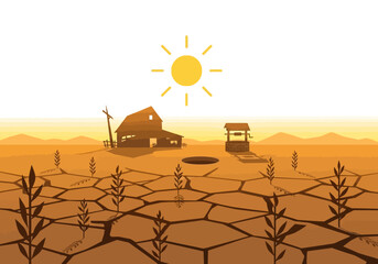 Arid Landscape with Dry Cracked Earth and a Sun-Baked Farmstead, Illustrating Drought © Donjuan Studio