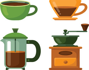 Obraz premium Colorful Coffee Mugs and Brewing Tools – Morning Beverage Illustration